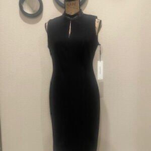 NWT Calvin Klein Faux Leather Trim Sheath Dress Exposed Back Zip BLACK Size 10